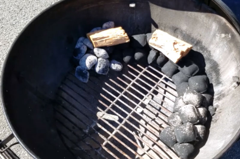 Lighted charcoal briquettes on one end of the snake